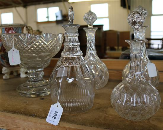 Regency cut glass decanter, a pair of decanters, another and a cut glass pedestal bowl (a.f.)
